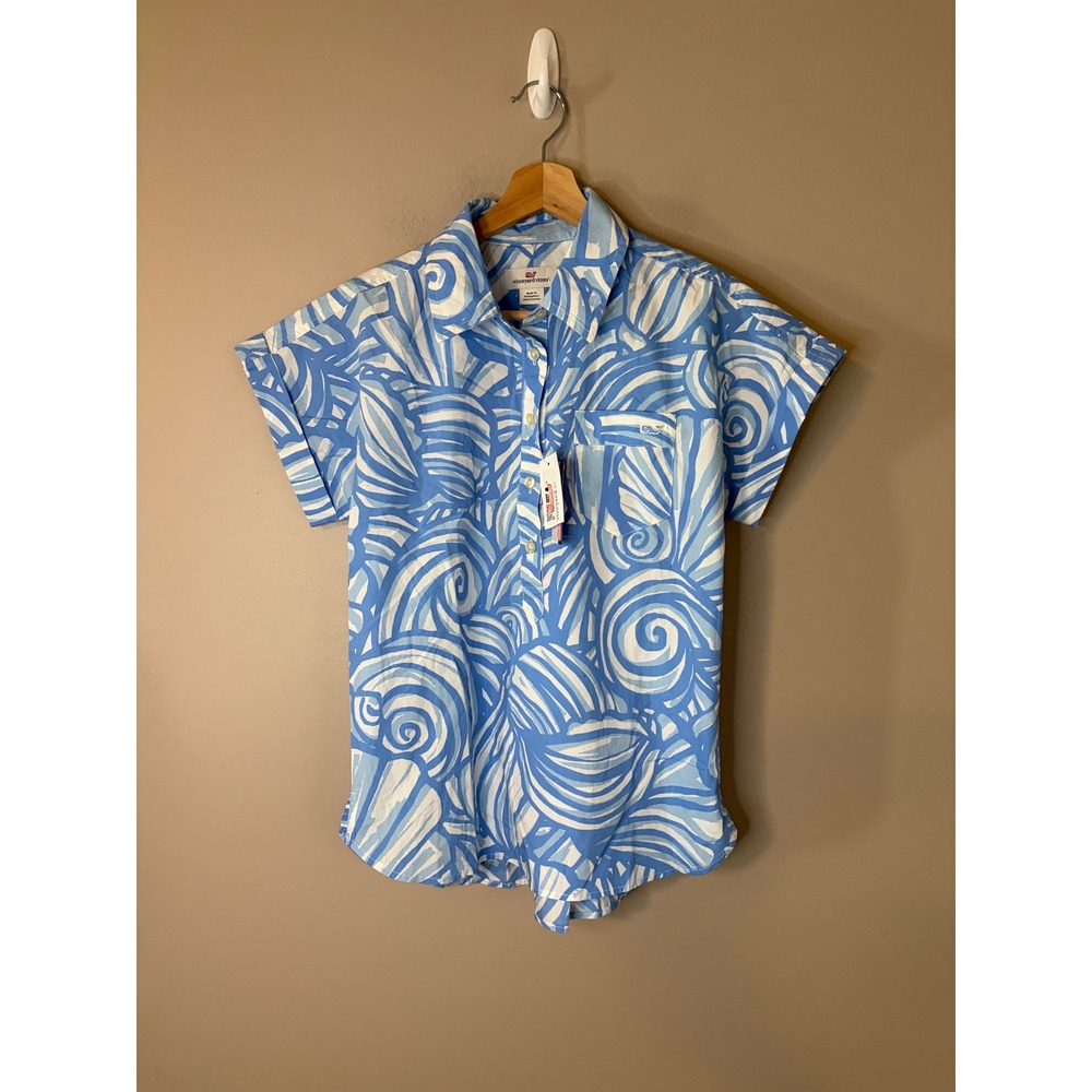 Vineyard Vines Nautilus Shell Popover Womens 2 Blue NWT Short Sleeve Cotton Top